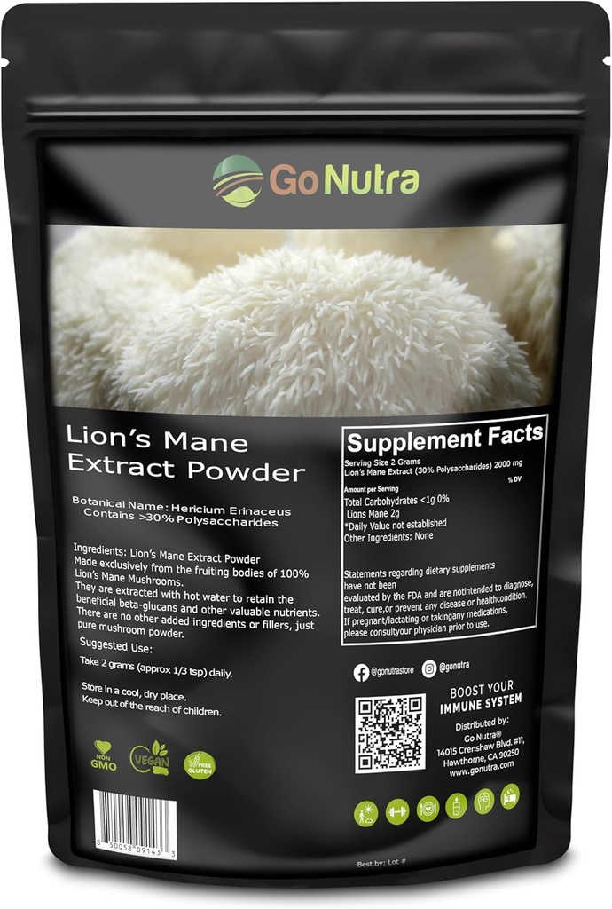 Go Nutra - Leu de Coamă pulbere, Potent 10:1 Leu de Coamă Pudră de ciuperci cu 30% Polysaccharide, Pure Leu de Coamă Extract pentru ceai, suc, apă, și mai mult, Non-GMO, Vegan, 8 oz