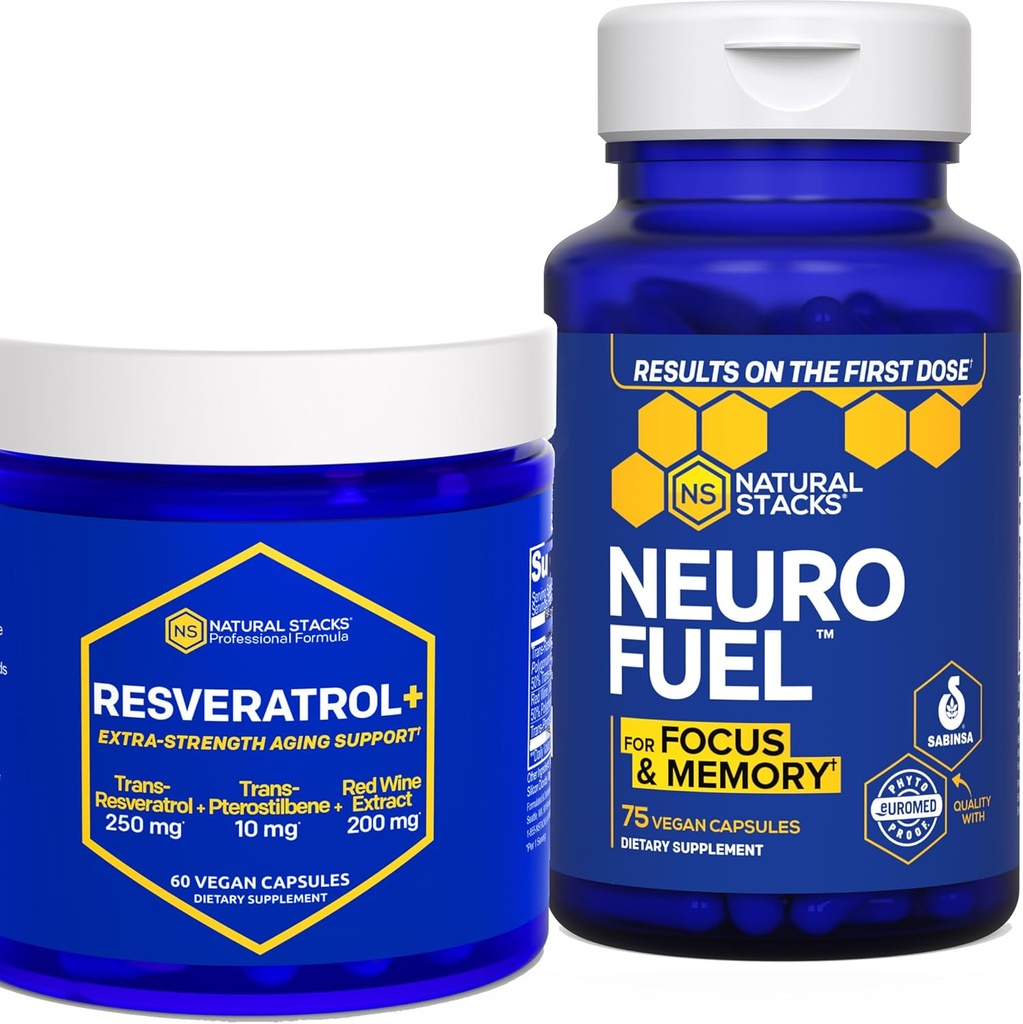 Natural STACKS NeuroFuel & Resveratrol+ Supliment Bundle - Suporturi Focus, Memorie & Brain Aging sănătos * - 135 Capsule