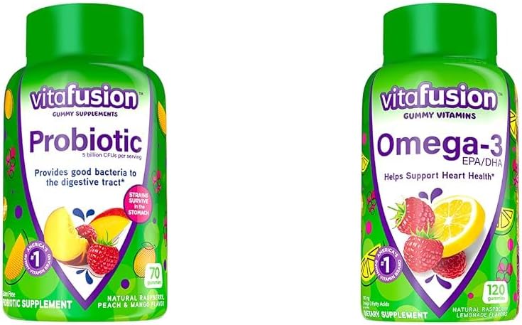 Vitafusion Gummy Supplements, Raspberry, Peach and Mango Flavors & Omega-3 Gummy Vitamins, Berry Lemonade Flavored, Heart Health Vitamins(1) with Omega