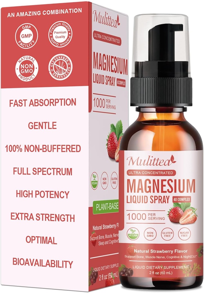 Spray lichid cu glicinat de magneziu cu citrat, oxid și malat, magneziu cu vitamina întreaga, L-Theanină, D3K2, B6 pentru inimă, cramps picior, Mușchi și energie- zahăr fără aromă de căpșuni, 2 Fl Oz