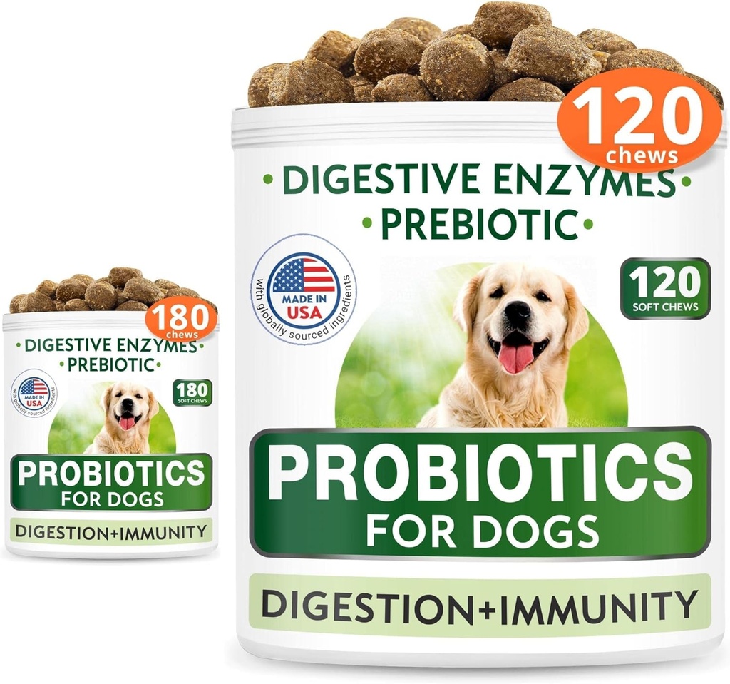 Probioticele câinilor Chews Bundle - Gaz, diaree, alergie, constipaţie, iritare a stomacului, cu enzime digestive + prebiotice - Supliment de fibre masticabile - Îmbunătăţirea digestia, imunitatea - 300 Chews moale