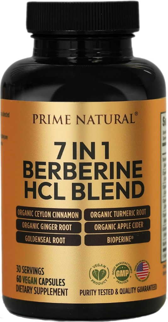 PRIME NATURAL Berberine HCl 600mg Ceylon organic Scorțișoară 400mg Ecologic Turmeric 200mg Organic Ginger 130mg Cidru organic Oțet de mere 65mg Goldenseal Root 6.5mg Bioperine 3mg 