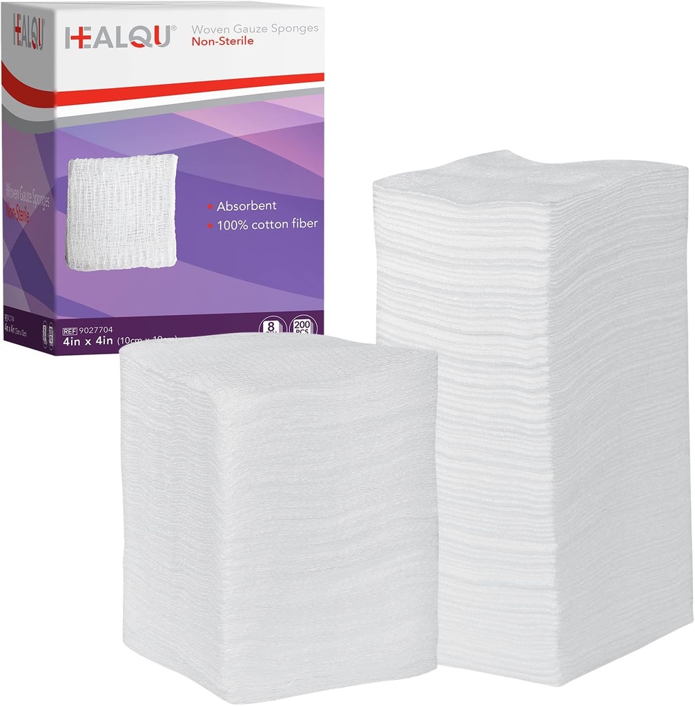 HEALQU 4x4 Gauze Pads - 12 Ply Woven Pack of 200 - Ultra Absorbent Soft Non-Sterile Surgical Sponges for Wound Dressing, Debridement, Cleaning and Prepping