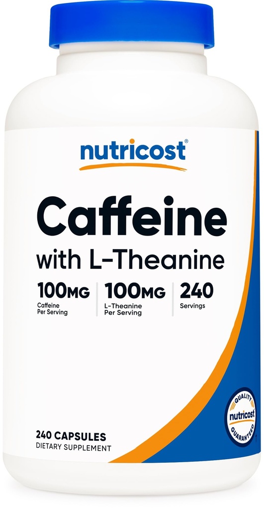 Nutricost Cafeina cu L-Teanină, 100 mg fiecare, 240 capsule, 240 Servings - non-GMO și gluten gratuit