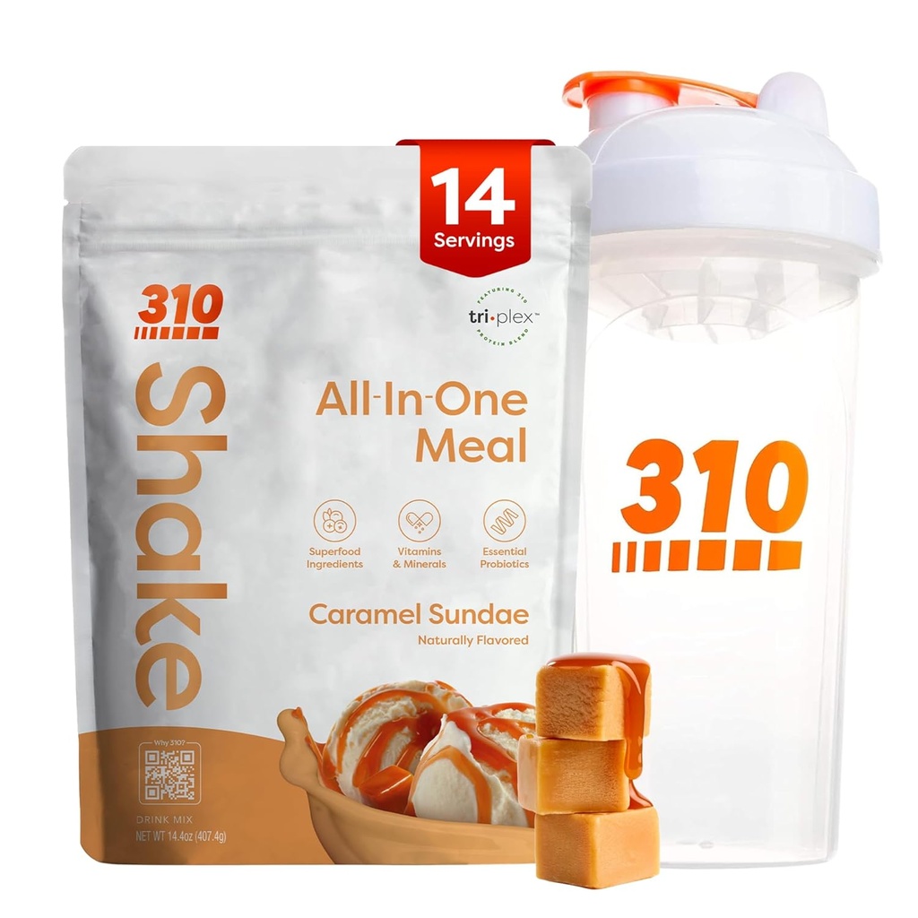 310 Nutriție All-in-One Masă de înlocuire Shake Powder w/Shaker Cup Starter Kit - High Proteine Fiber Rich Vegan Superfood Blend - Sugar-Free, Keto & Paleo Friendly, Low Carb - Caramel Sundae 14 srv