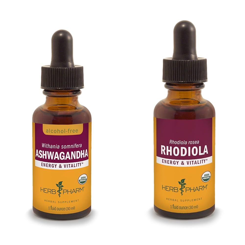 Herb Pharm Ashwagandha & Rhodiola Root extracts for Energy, Vitality, Endurance & Stamina, Alcohol-Free Glicerite & Organic Cane Alcoolic, 1 Oz Each