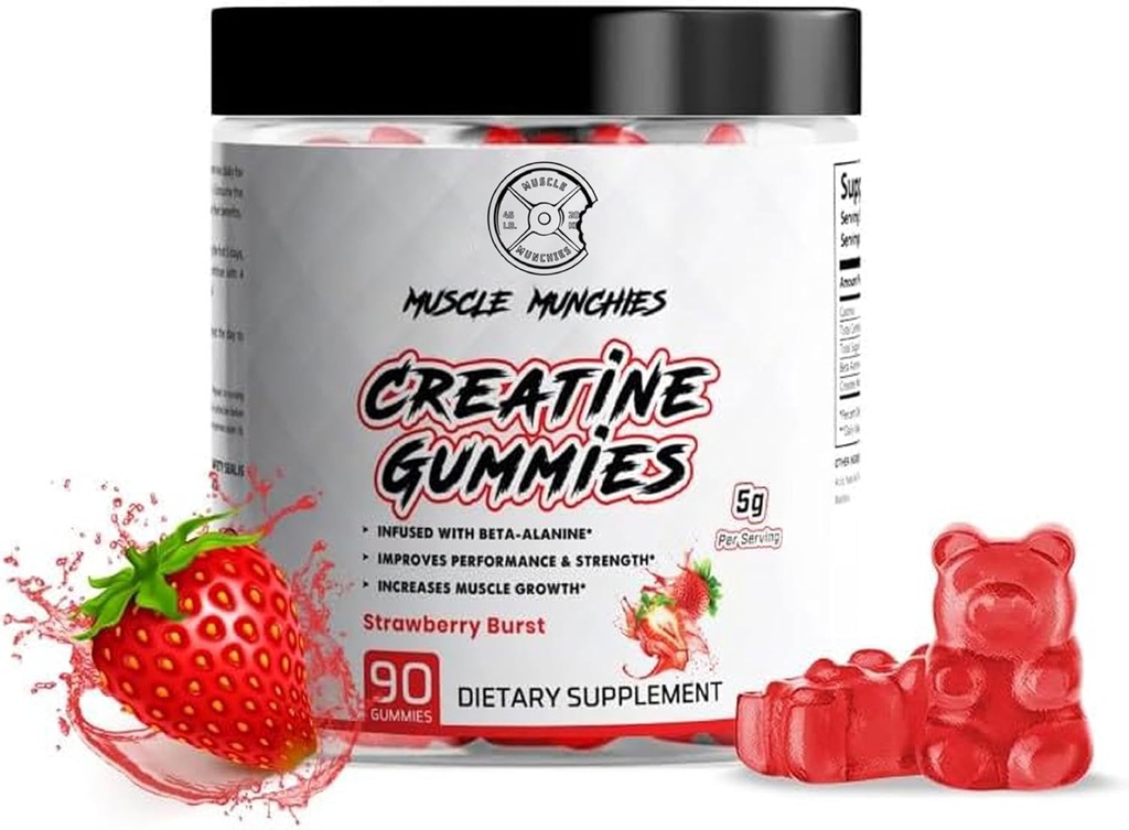 Musculare Munchies Create Chewable Gummies pentru bărbați și femei-infuzat cu Beta Alanine-5g de Creatină Per Serving-Crește puterea, Rezistență, & Recovery-Vegan, NonGMO (Strawberry Burst)