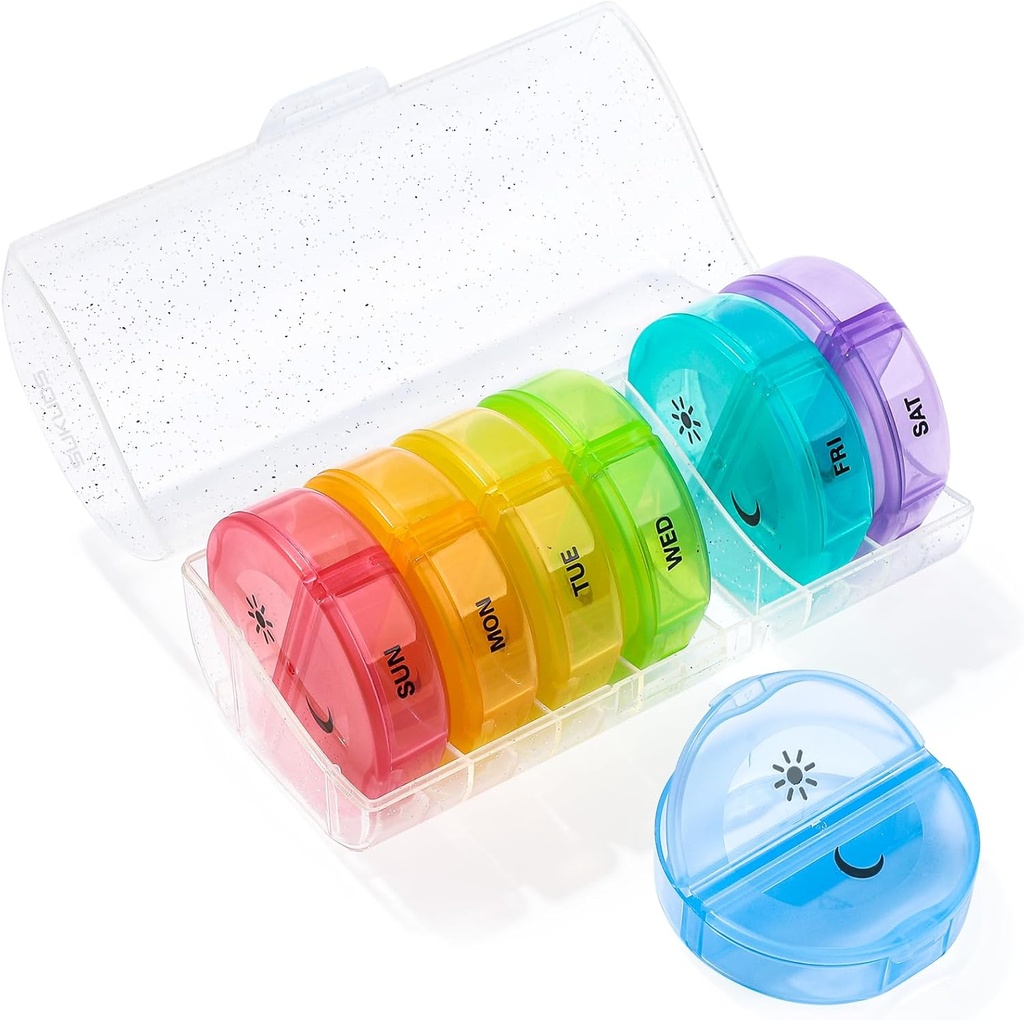 Sukuos Largely Săptămânal Pill Organizator 2 ori pe zi, Daily Pill Box 7 zile Easy to Open with Dublu Protection, AM PM Pill Case pentru Medicină/Vitamin/Fish Oil/Supplements (Glitter Clear)