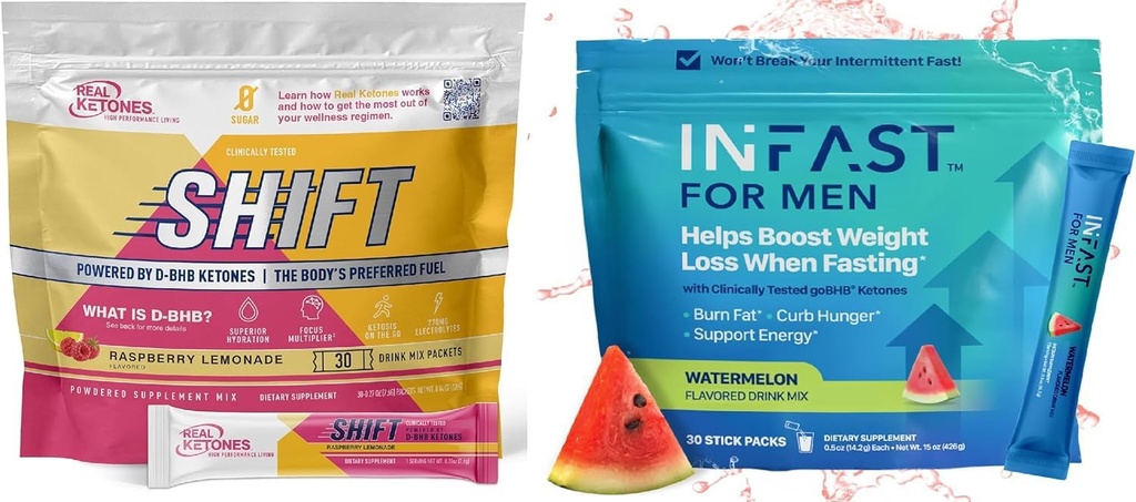 Real Ketones Intermittent Fasting Drink Mix Bundle for Weight Loss Support Raspberry Lemon Shift Electroliti & Intermittent Fasting Electroliti pentru barbati cu BHB Cetone Exogene (30 Conte Fiecare)