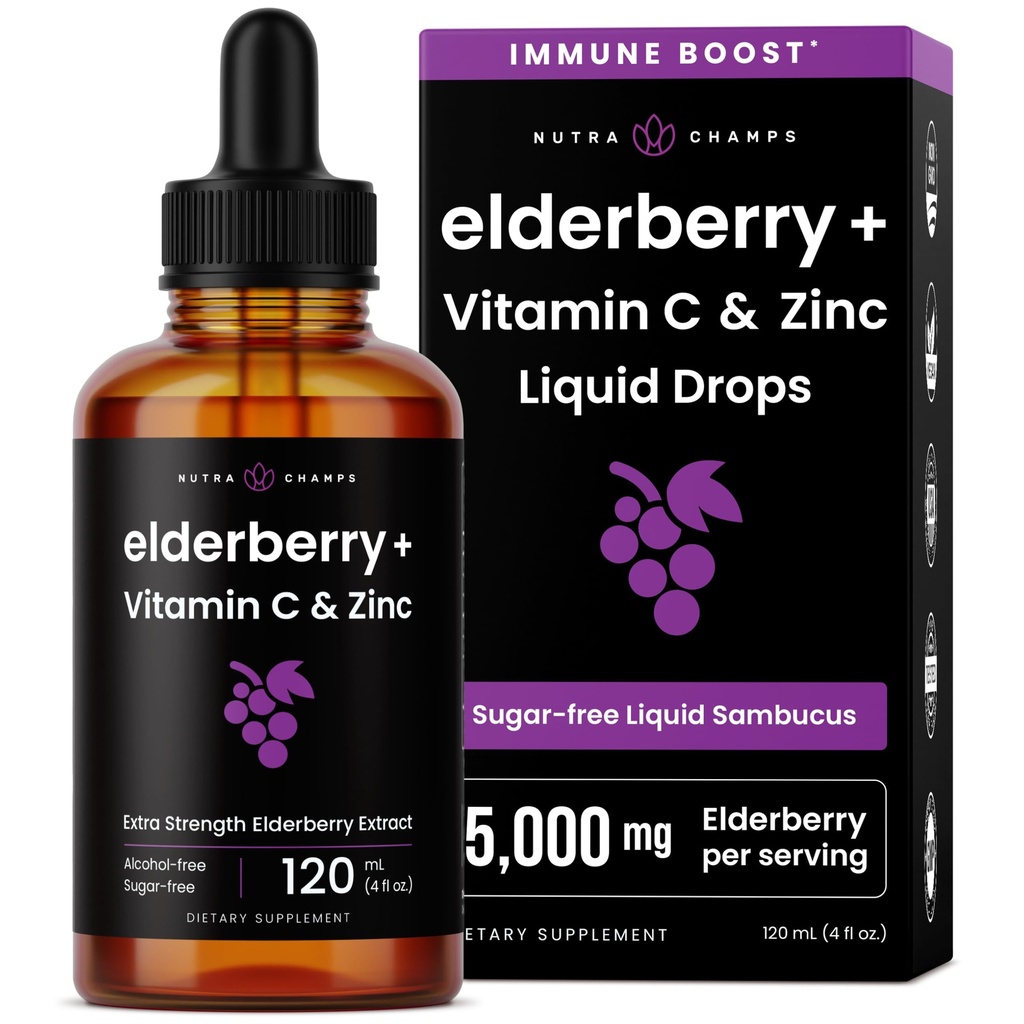 NutraChamps Organic Elderberry Syrup - 5000 mg extract de elderberry cu vitamina C & Zinc - Black Elderberry Picături lichide - Sugar-Free Imunity Booster, Vegan, Gluten-Free