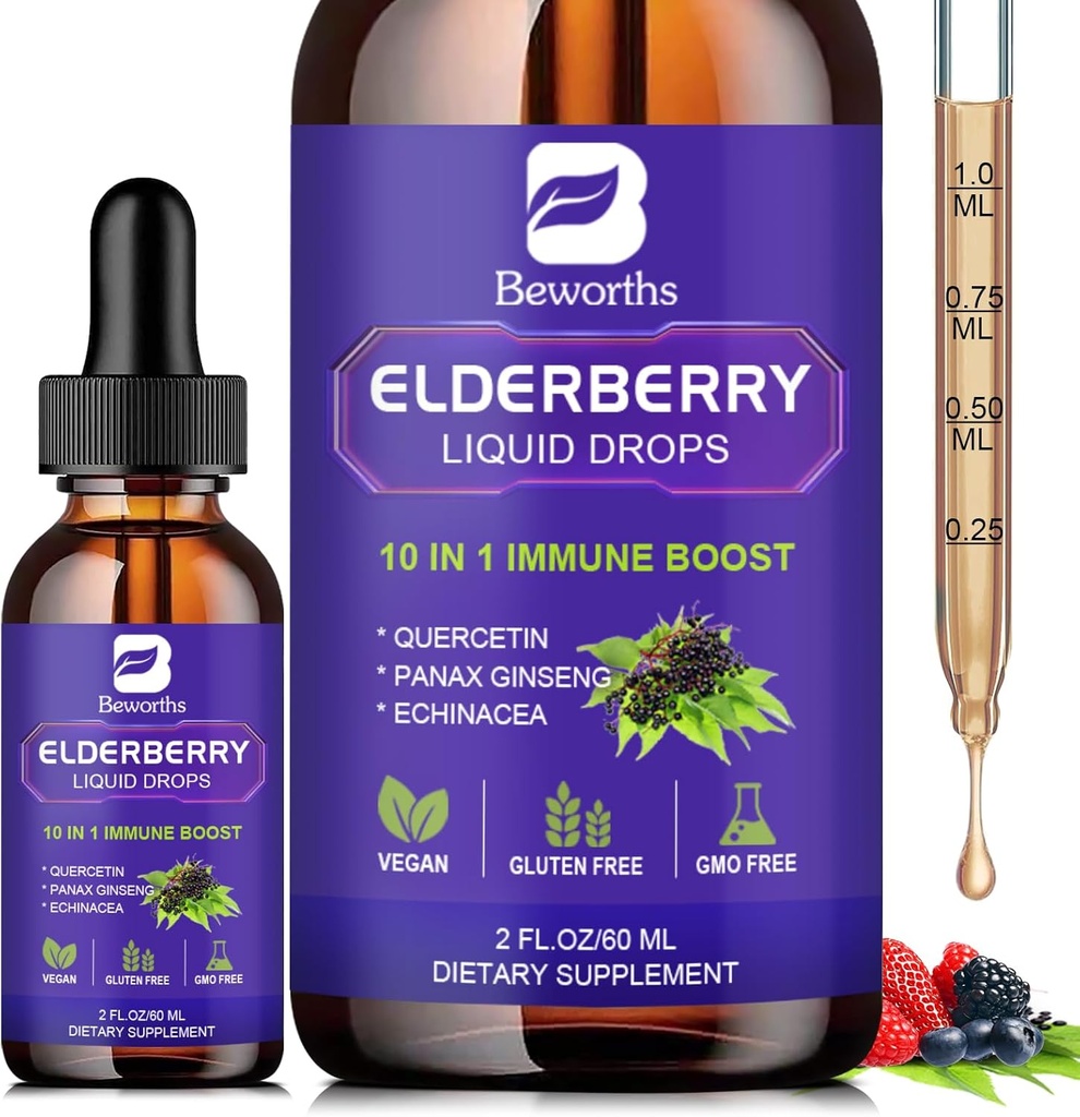 Elderberry Syrup Black Elderberry picături cu Querbetin, Panax Ginseng, Vitamina C și Zinc, Sambucus Elderberry Syrup lichid, Vegan, non-GMO & Gluten gratuit