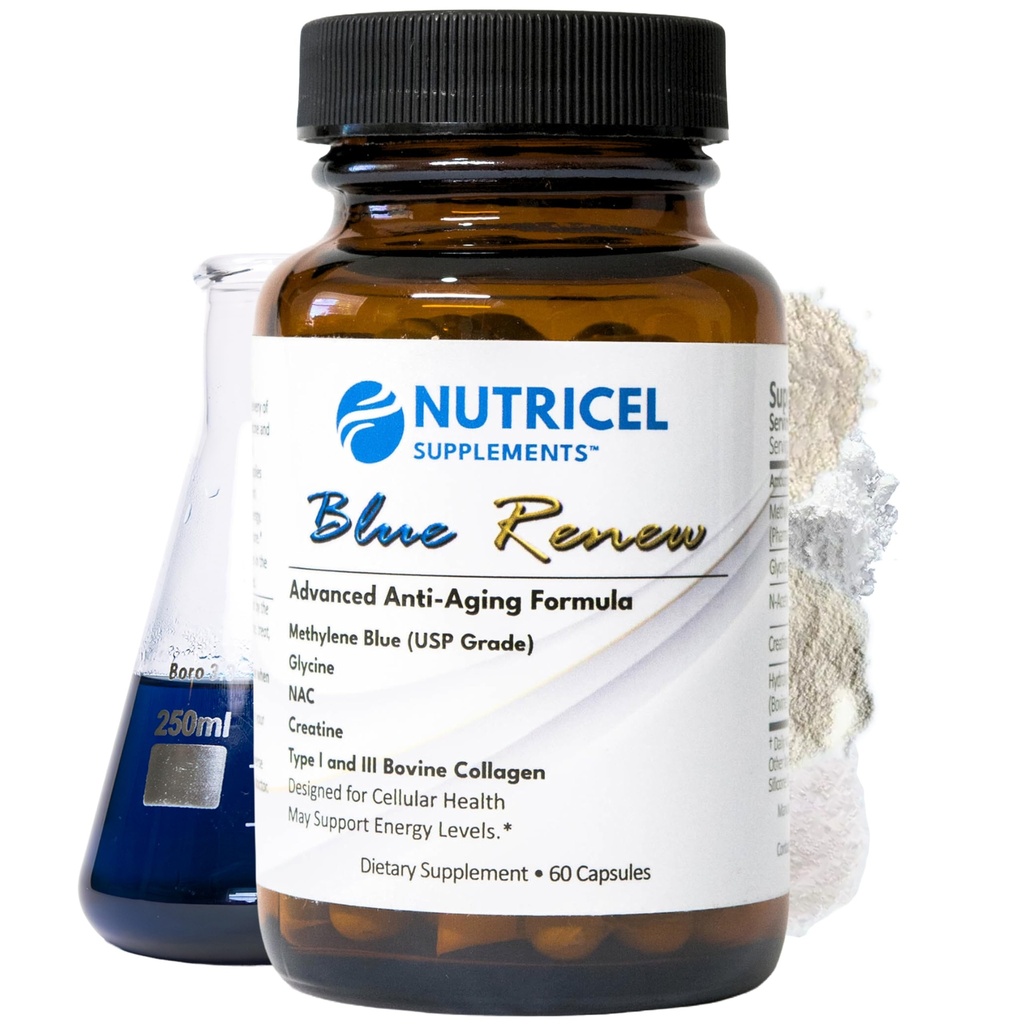 Capsulele Nutricel Metilen Blue cu Glicină adăugată + NAC (GlyNAC), Colagen şi Creatin - Trusted Made in America Brand - 7mg (USP Reference Compliant) - Terţe părţi testate (60ct)