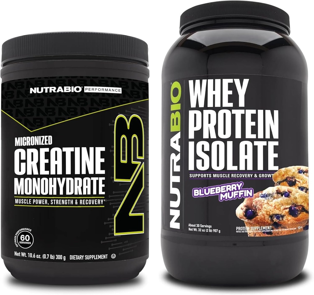 NutraBio Creatina Monohidrat, Nearomate, 300g și Whey Proteine Izolat, Blueberry Muffin, Supliment Bundle - Energie musculară, Lean musculare de creștere, recuperare, și puterea