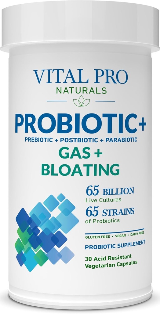 Vital Pro Naturals - Probiotice cu gaz şi balonare + Prebiotice, Postbiotice, Parabiotice, 4-in-1 Supliment de sănătate pentru adulţi, potenţă ridicată, 65 de tulpini, Suport zilnic digestiv şi imun, 30 ct