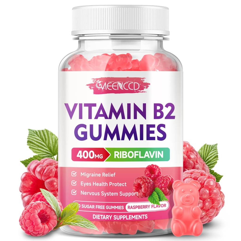 Vitamina B2 Gummies Riboflavin 400 mg Supliment cu magneziu pentru copii și adulți, B2 Gume pentru Migrene Relief & Sistem nervos Suport, Vegan, Zahăr-Free, Aroma de zmeură, 60 Conte
