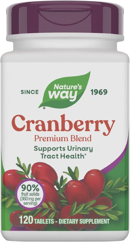 Natura lui Way Cranberry Premium Blend, susţine tractul urinar Sănătate*, cu vitamina C, pentru bărbaţi şi femei, fără gluten, 120 comprimate (Packing May Vary)