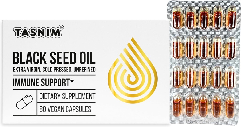 Tasnim Black Seed Oil Organic Cold Presed Capsule 100% Pure Cold-Pressed Black Cumin Seed Oil Nigella Sativa pentru suport imun, Confort comun și vitalitate