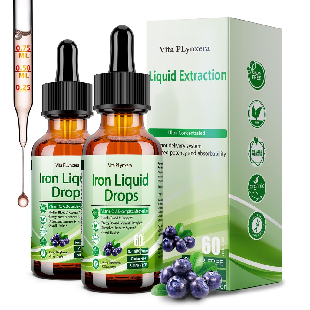 2 pachet lichid de fier Supliment pentru femei Barbati si copii, Vegan picaturi de fier cu vitamina C D, B12, B-complex, Liquid potenta mare cu multivitamine pentru anemie, suport energetic, fier de magneziu blând