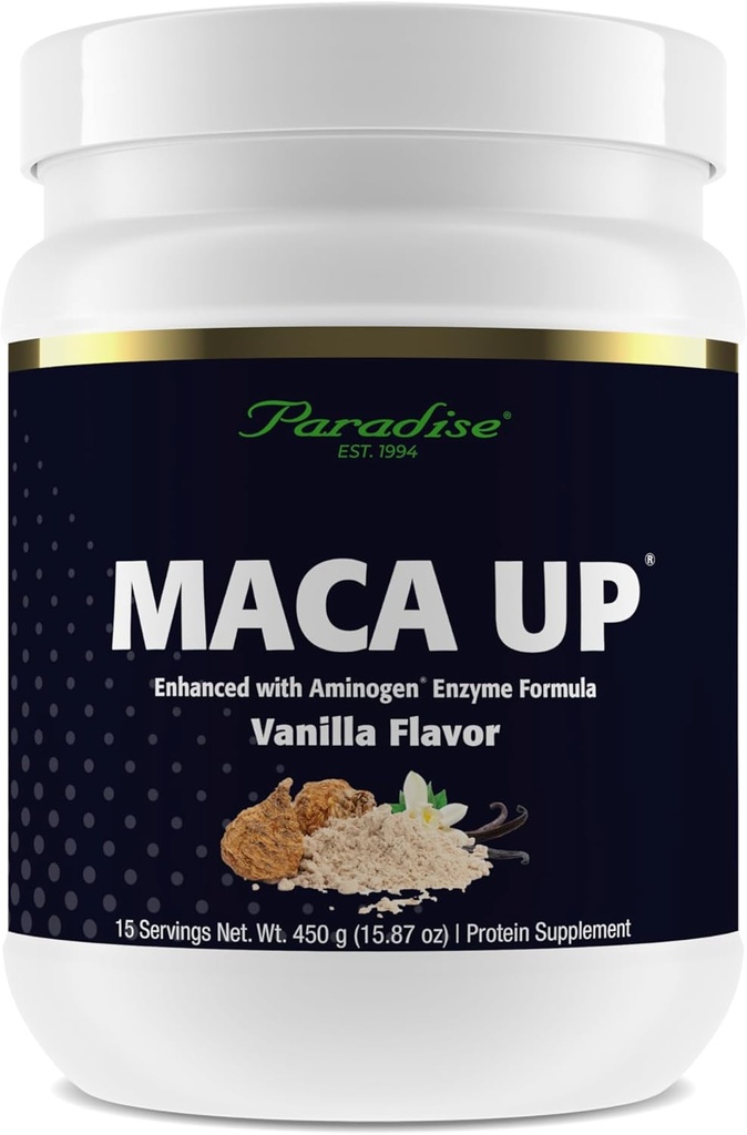 Paradise Herbs Maca Up Vanilla Vegan Proteine Powder, Pea Organic & Brown Rice, Maca Root, Aminogen Digestive Enzyme Blend, Nutrim Oat Bran Fiber, 15 Serviri, 450 g