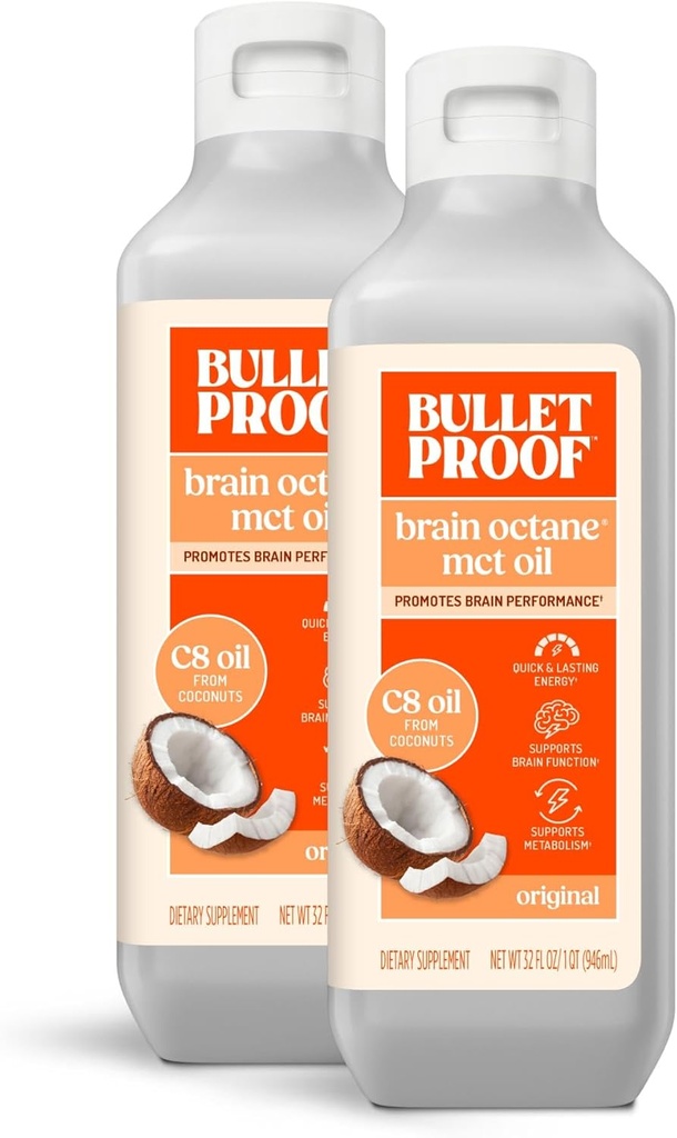 Bulletproof Coconut Brain Octane C8 MCT Ulei, 16 Ounces (Pachetul de 2), Premium Keto Supliment pentru sustinerea energiei, creier și combustibil pentru corp, Nearomat, Adăugați la cafea și piureuri, Ambalaj mai Vary