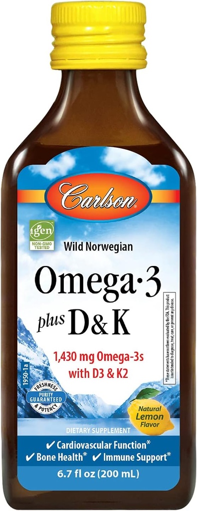 Carlson - Omega-3 + D & K, 1430 mg omega-3s, 2000 UI (50 μg) D3, 90 μg K2 ca MK-7, Heart Health, Bone Support, Lemon, 200 ml