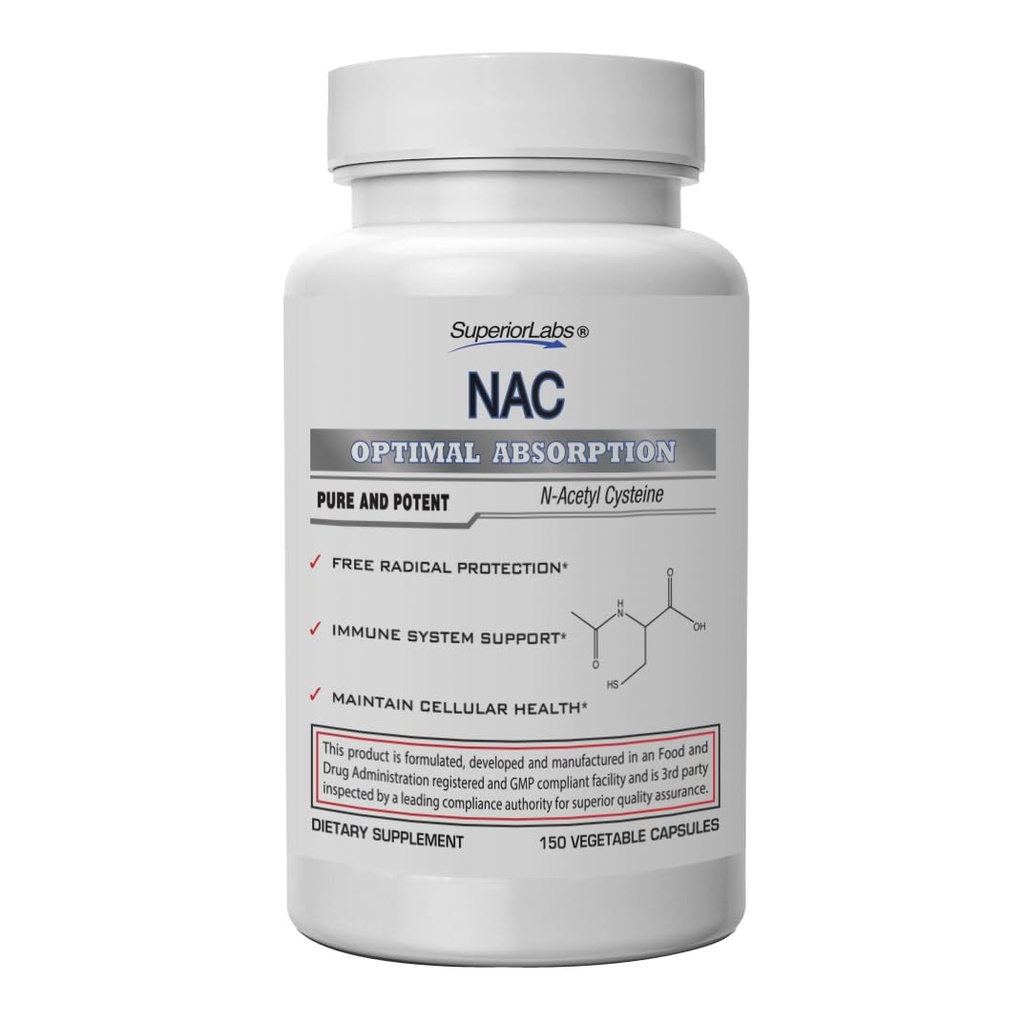 Superior Labs NAC (N-Acetyl Cysteine) 1200 mg, 150 capsule vegetale, Supliment alimentar cu seleniu, protecție radicală gratuită, Funcția sistemului imunitar normal, menține sănătatea celulară