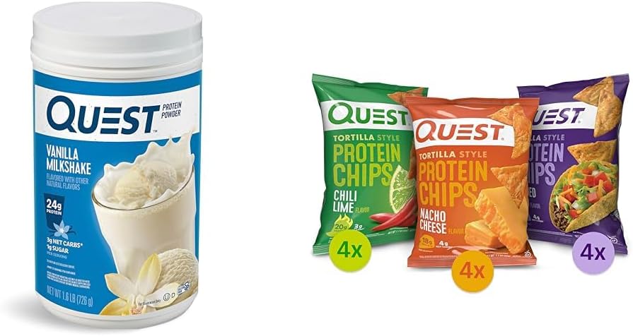 Pulbere și chipsuri de proteine Quest - Vanilla Milkshake Pulbere (24g Proteine, 1,6lb) + Tortilla Chips Variety Pack (12ct)