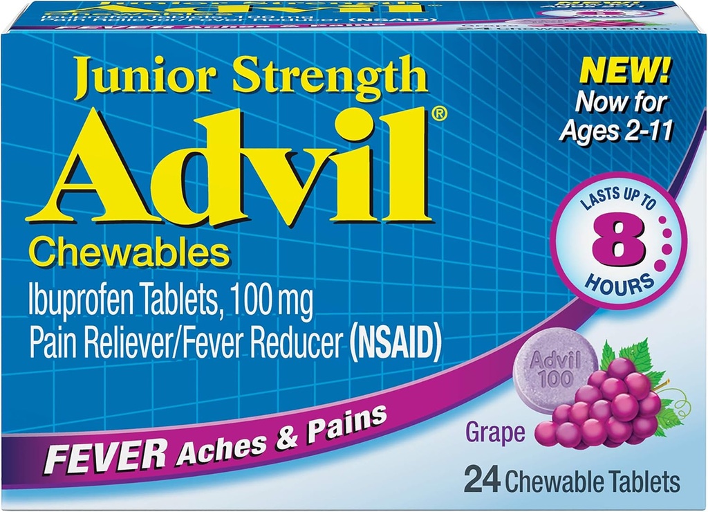 Advil Junior Chewable Ibuprofen comprimate, struguri 100 mg, 24 comprimate Fiecare (Pachet de 6)
