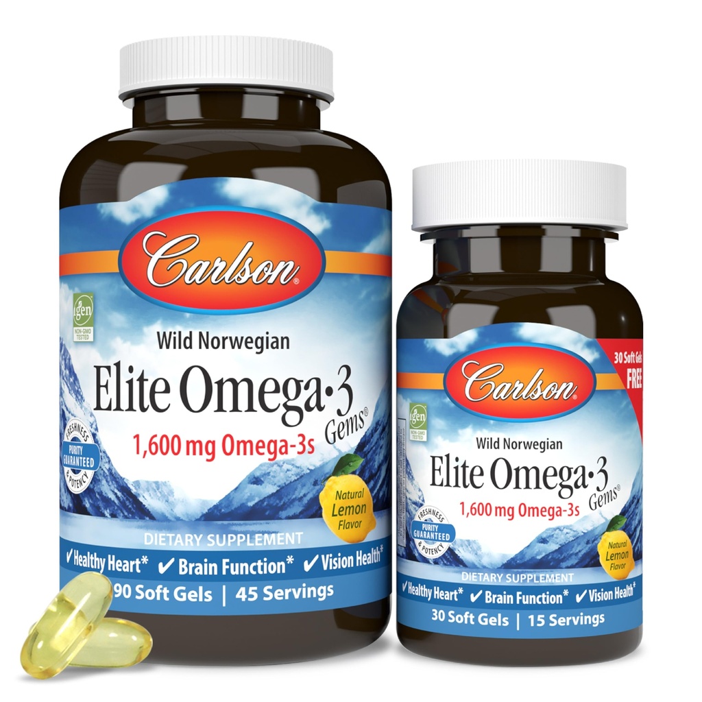 Carlson - Elite Omega-3 Gems,1600 mg Omega-3 Acidi grasi Inclusiv EPA si DHA, Norwegian, Wild-Caught Oil Supplement,Sustainable Sourced Capsule, Lemon, 90+30 Softgels
