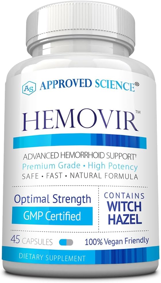 Știință aprobată Hemovir - Supliment de sprijin hemoroizi - Vrăjitoare Hazel, Castană cal - 45 capsule - 1 flacon - Vegan