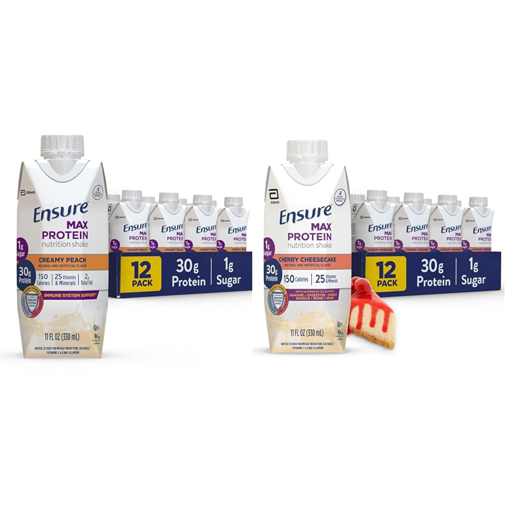 Asigurați-vă că Max Proteine Nutriție Shake cu 30g Proteina, 1g Zahăr, Shake de proteine ridicate, Peach Creamy și Cherry Cheesecake Variety Pack, 11 fl oz, Pachet de 12
