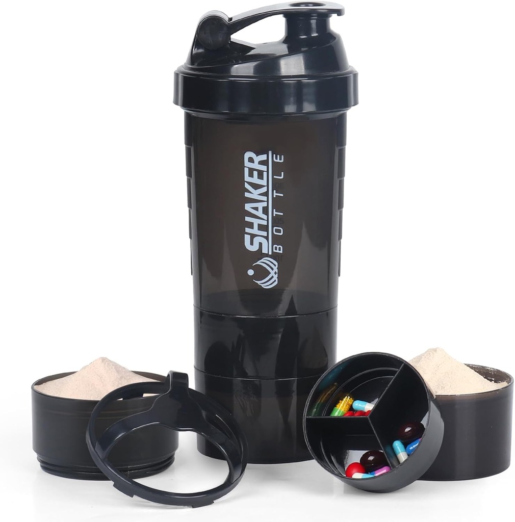 Sticle de agitare VECH pentru amestecuri de proteine de antrenament Shaker Leagă dovada sticla de apă non-alunecare 3 Layer Twist off 3 OZ cu pilula Tava pentru păstrare pulbere de proteine Shake flacon 16 OZ Shake Cup (Negru)