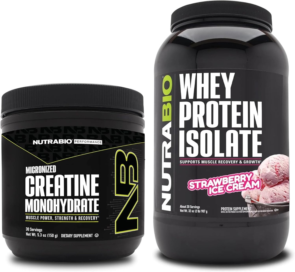 NutraBio Creatina Monohidrat, Nearomat, 150g și Whey Proteine Izolat, Căpșuni înghețată, Supliment Bundle - Energie musculară, Lean musculare creștere, recuperare, și puterea