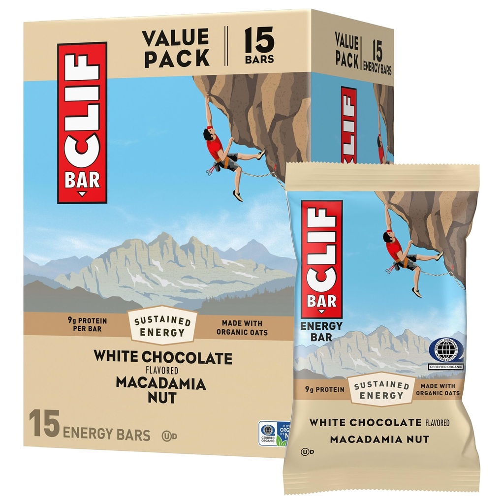 CLIF BAR - batoane cu proteine energetice - ciocolata alba Macadamia Nut - Made with Organic Oats - Energy Bars - Non-GMO - (15 Pack)