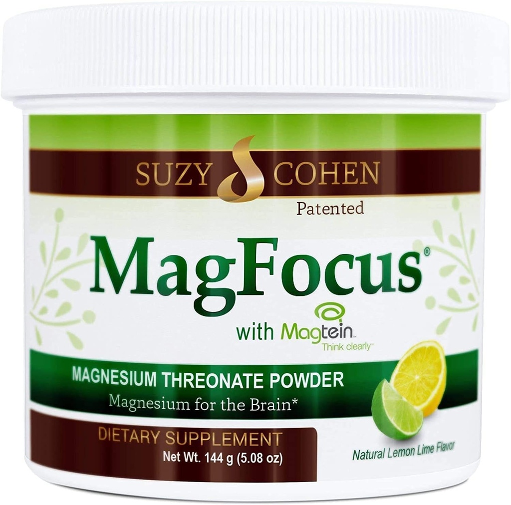 Suzy Cohen MagFocus Magneziu Threonat pulbere Supliment alimentar 200mg, Nervi sanatosi, Cogniție de sprijin, Energie, Sănătate osoasă, Stevia, Aroma de lămâie, 60 Serviri