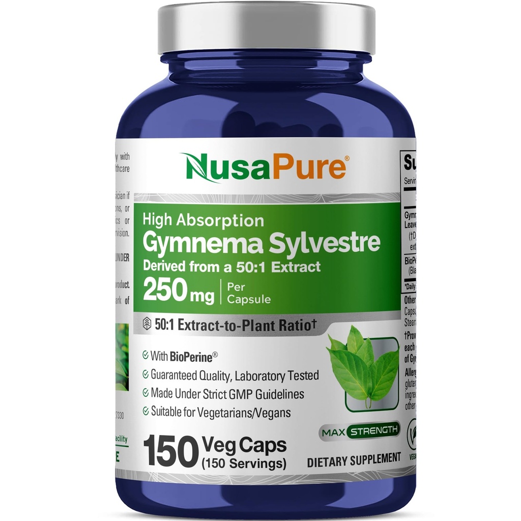 NusaPure Gymnema Sylvestre 50:1 Extract, 250 mg echivalent cu 12,500 mg Per Vegan Caps - 150 Count (non-GMO, Vegan, Bioperine)