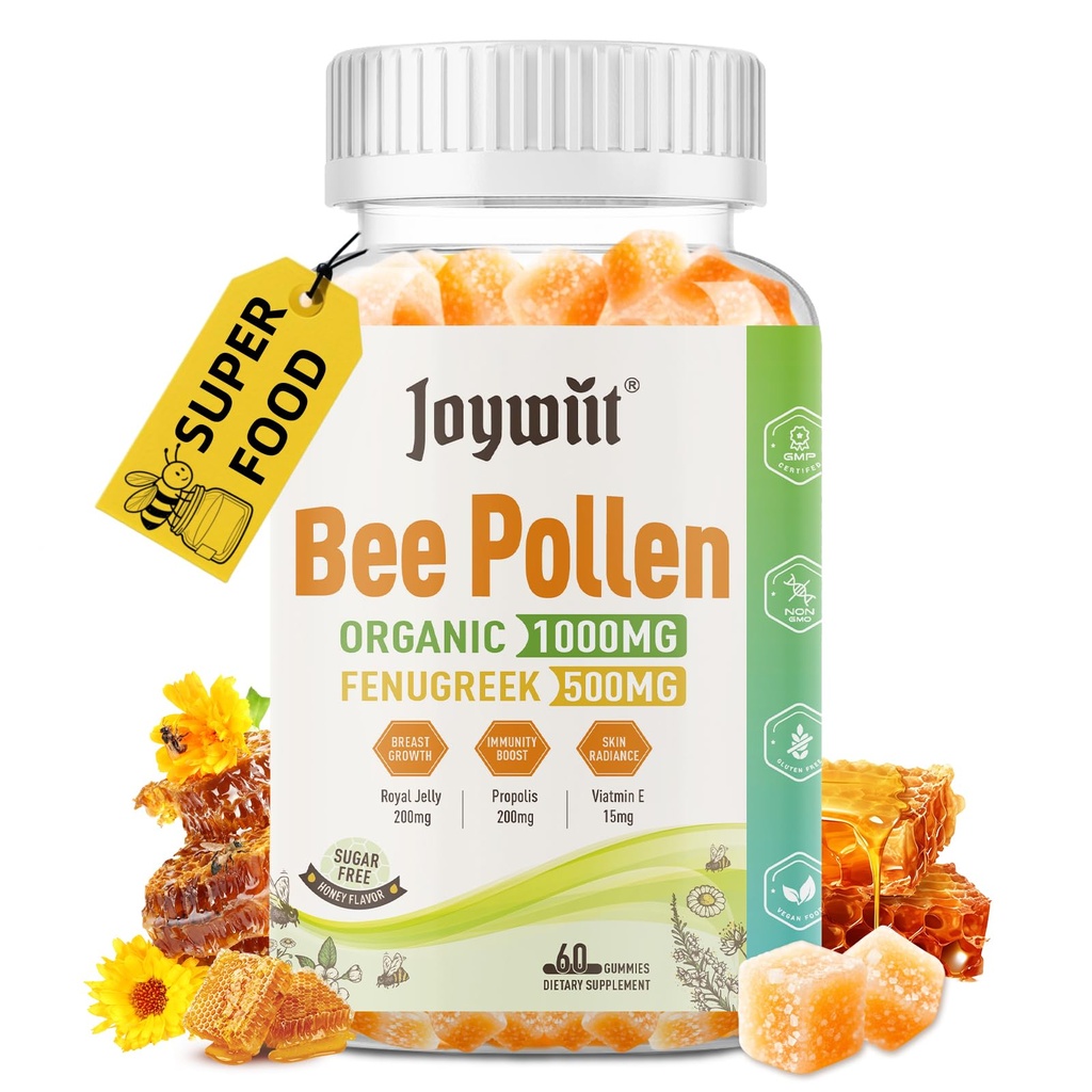 Bee Pollen 1000mg Sugar Free Gummies, w/Fenugreek, Royal Jelly, Propolis, Organic Bee Polen Supliment mestecabil pentru femei, bogat în vitamina E, Imunitate & Skin Care, 60 de conte