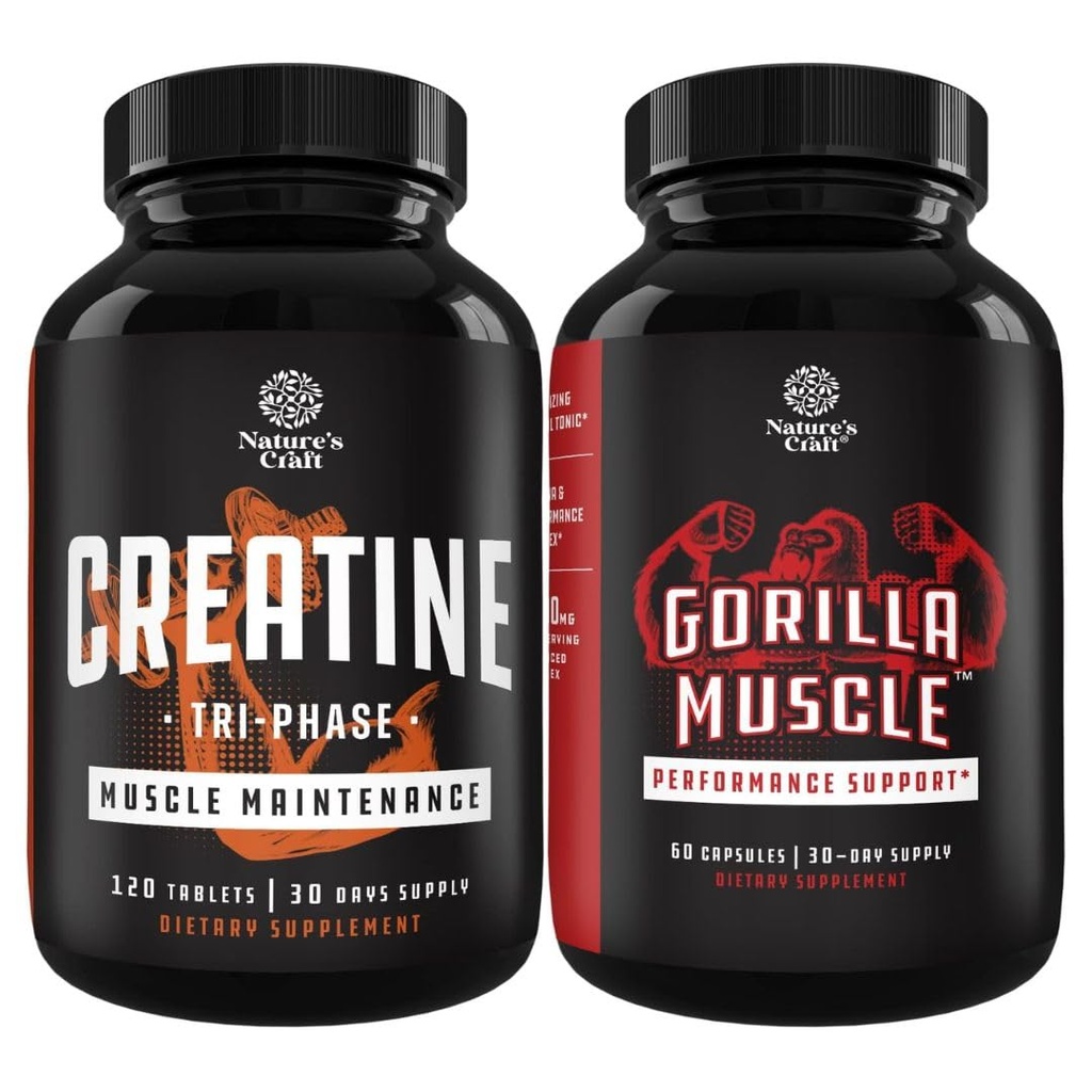 Bundle de Tri Phase Creatine Pastile 5g și Extra Putere Booster test pentru bărbați - Muscle Mass Gainer și musculare de recuperare Creatină HCL Piruvat - Suplimentul de energie naturală cu buruieni de capră excitat