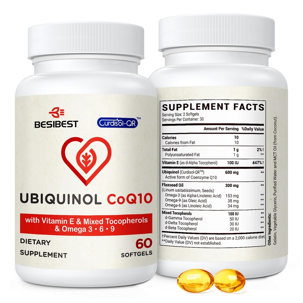 Besibest Ubichinol CoQ10-600mg-Softgel, Active Coq10 Ubichinol Supliment cu Vitamina E & Omega 3, 6, 9, High Absorbtion-Coenzime-Q10, puternic antioxidant pentru producerea de energie, testat, 60 Conte