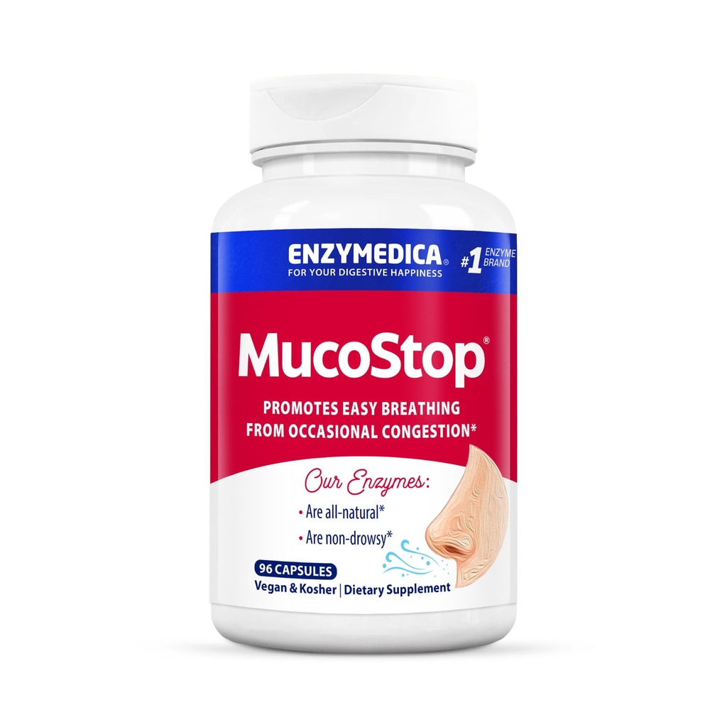 Enzymedica, MucoStop, Natural Enzyme Supplement, Relieves Congestie sezonieră sau ocazională, Suportă respirație ușoară, 96 Conte