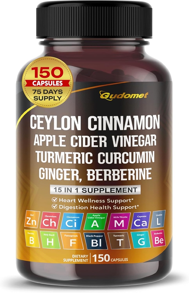 Ceylon Cinnamon Apple Cidru Oţet Root Turmeric Ginger Berberine Gymnema Sylvere Milk Thistle Licorice -150 Capsule - Made in USA