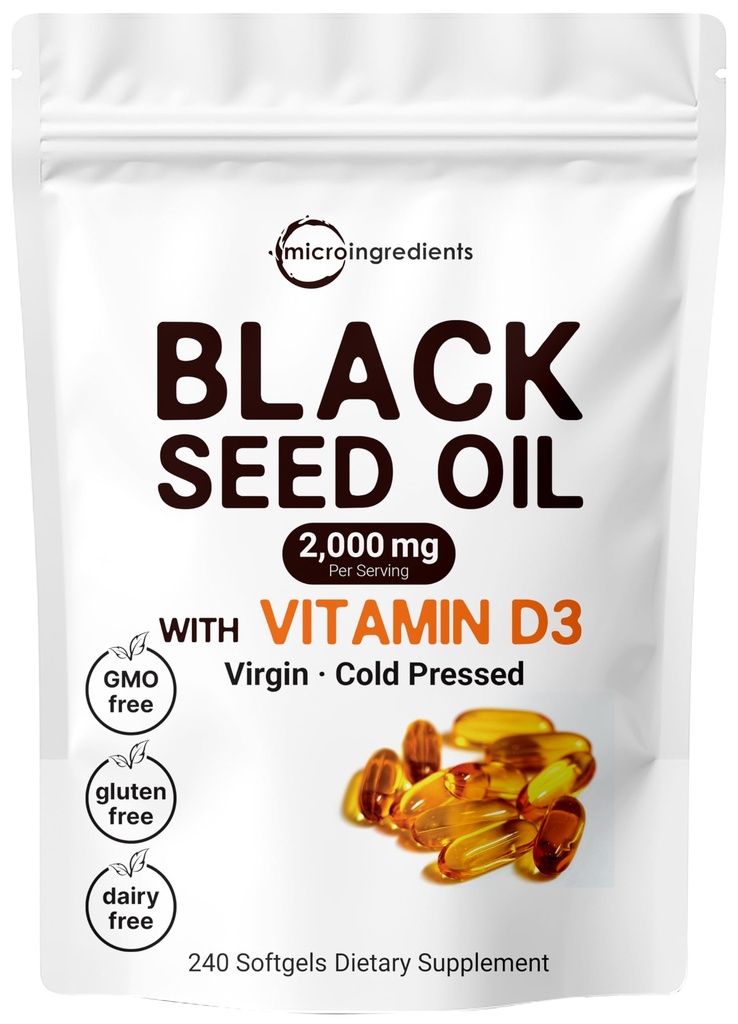 Micro Ingrediente Black Seed Oil 2000 mg cu vitamina D3 1000 UI, 240 Softgels 