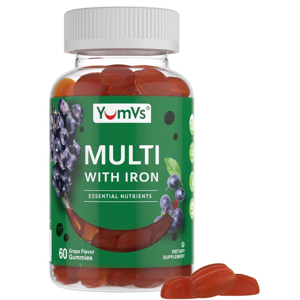 Gume de fier YUM-V'S - Multivitamine Supliment de fier cu vitamina C, A, B & Zinc, Suporturi Oxigen de sange, Suplimente Vegane pentru femei, Barbati si copii pentru crestere si dezvoltare - Aroma de struguri 