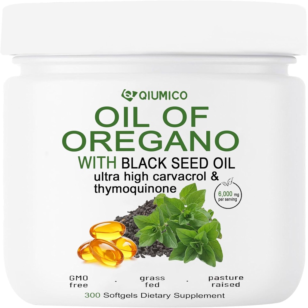 Ulei de Oregano cu Black Seed Oil Softgels, Capsule de ulei Oregano Organic, 2 in 1 6000mg Ulei de Oregano cu ulei de semințe negru 200mg, 300 Conte