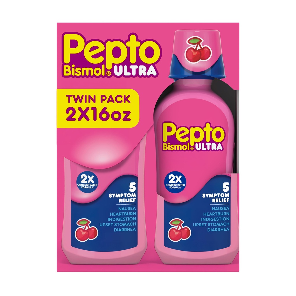 Pepto Bismol lichid Ultra pentru greață, arsuri la stomac, indigestie, stomac supărat și diaree - 5 Symptom Rapid Relief, Cherry Flavor 12 oz (Pachet de 3)