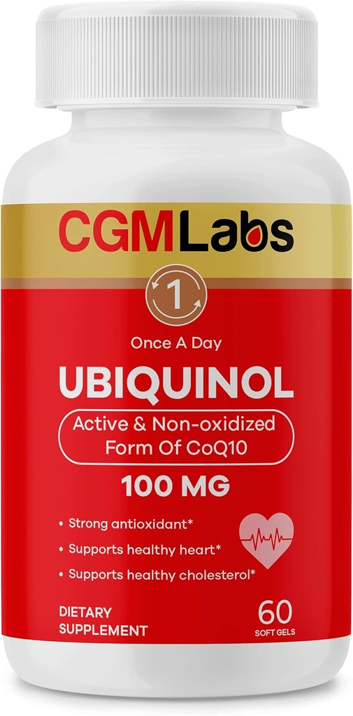 Ubichinol 100MG Active & Non-Oxidizat (redus) Forma de CoQ10 - Supliment alimentar antioxidant Strong, Suporturi Sănătate, Colesterol sănătos - 60 Softgels de CGM Labs