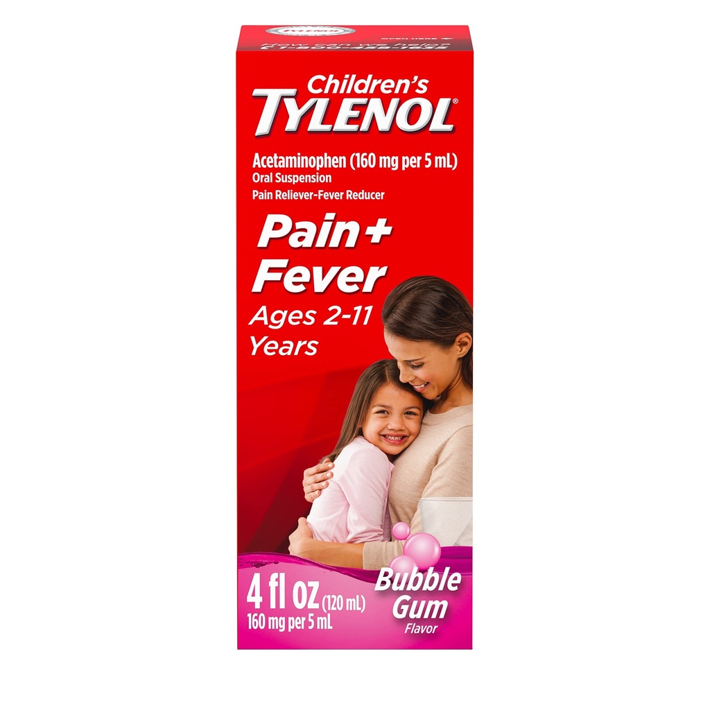 Tylenol pentru copii Medicament suspensie orală, Kids' Liquid medicine Durere Reliever & Fever Reductor pentru Rece + Flu Simptome, Aspirină-, Ibuprofen- & Alcool - gratuit, Gumă de mestecat, 4 fl. oz