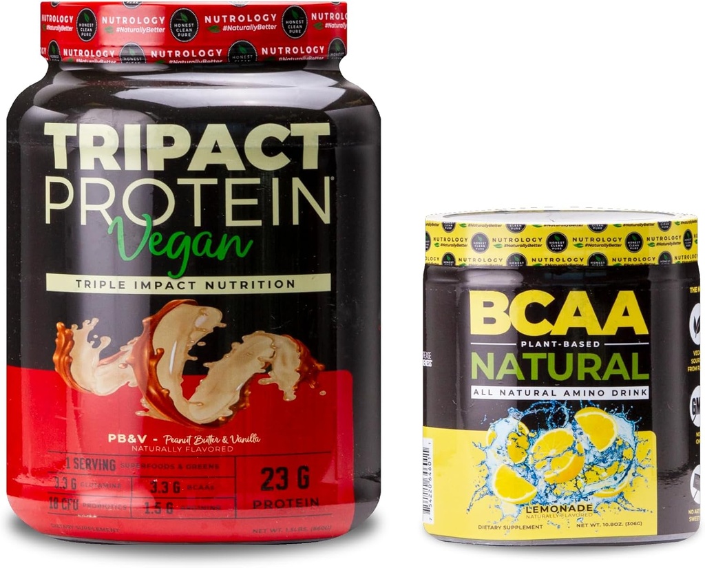 Nurology TRIPACT Pudra de proteine din Vegan, pentru Shake-uri de proteine din Vegan, Unt de arahide de vanilie (20 serviri) BCAA naturale, pe bază de plante BCAA pulbere, Aroma de lamaie (30 Serviri)