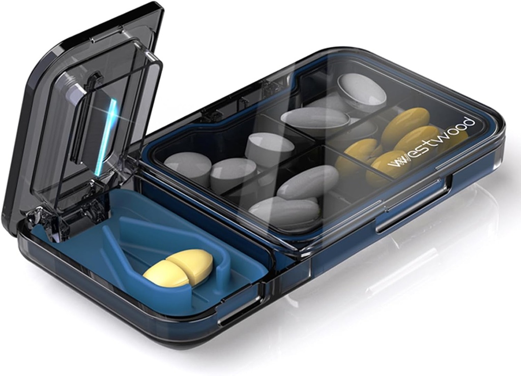 Travel Pill Organizator cu Pill Cutter Splitter, 4 Compartimente Pilula Case, cutie de pastile mici pentru buzunar Pursa, Daily Pill Container pentru a deține vitamine Cod Suplimente de ulei de ficat, Medicina Planificator (Negru)