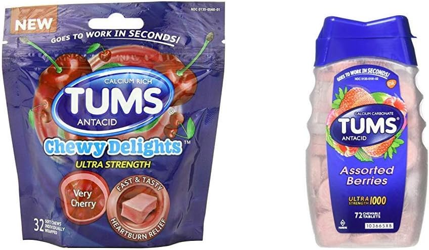Tums Chewy Delights Soft Chews, Very Cherry, 32count & Tums Ultra Putere 1000 Antiacide, Beri asortate, 72 comprimate